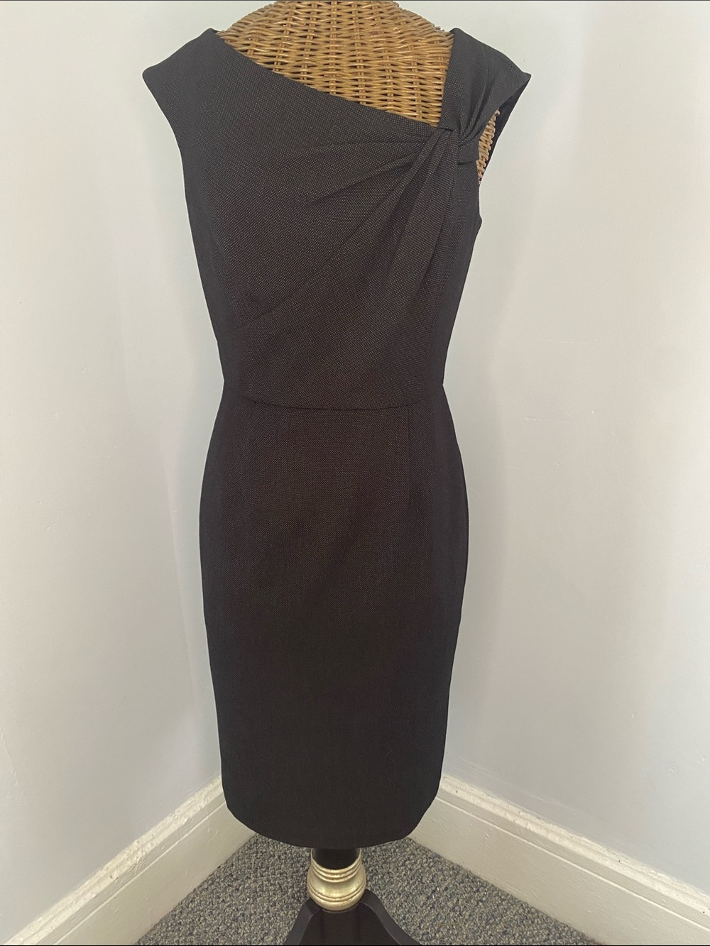 White House Black Market Black Asymmetric Midi Dress with micro dots.